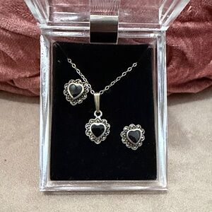 Sterling Silver Heart Pendant & Stud Earrings Set with Black Inlay